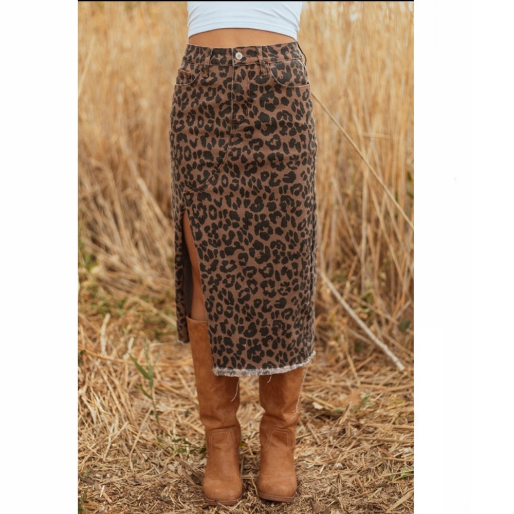 Brown Leopard Frayed Split Denim Midi Skirt - Picture 4 of 6
